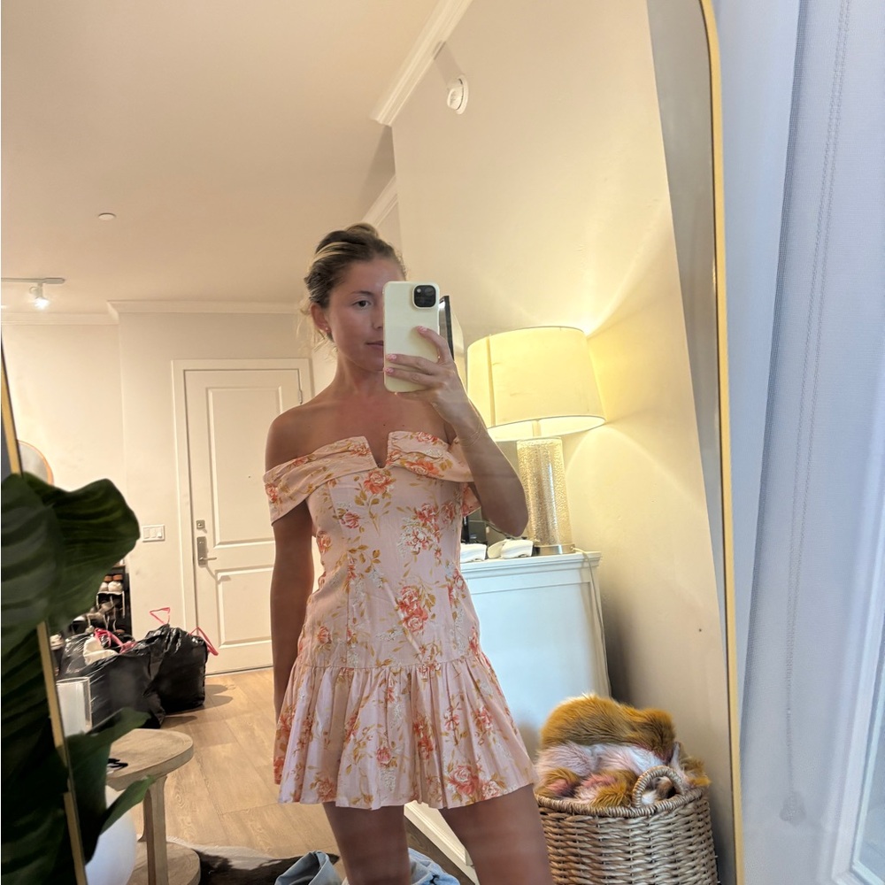 Peppermayo Pink Ruffled Embellished Off-Shoulder Mini Sundress